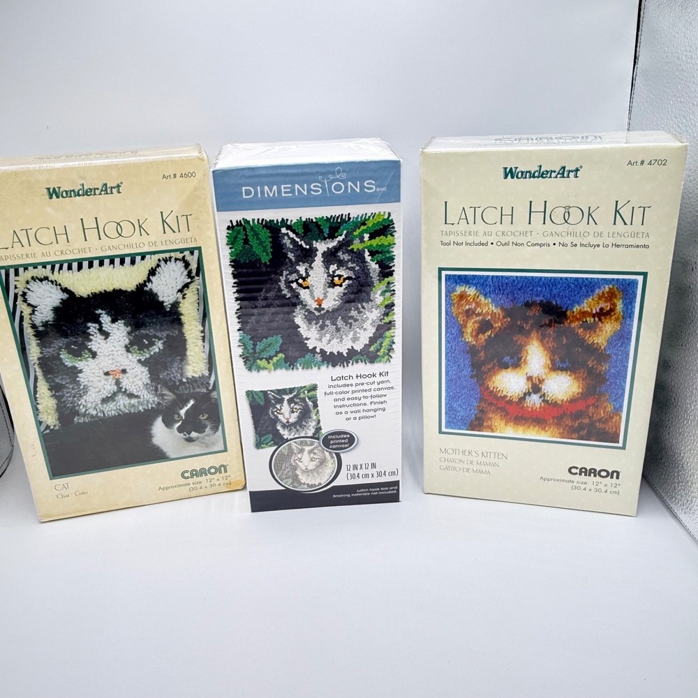 NEW Lot Cat Kitten Kitty Latch Hook Rug Kit 12 x 12 Caron Wonder Art 4600 4702